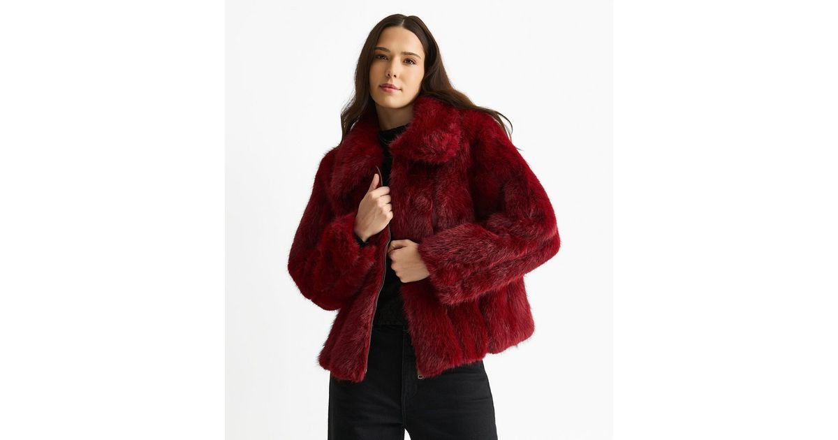 Gini London Burgundy Faux Fur Collared Jacket | New Look | New Look (UK)