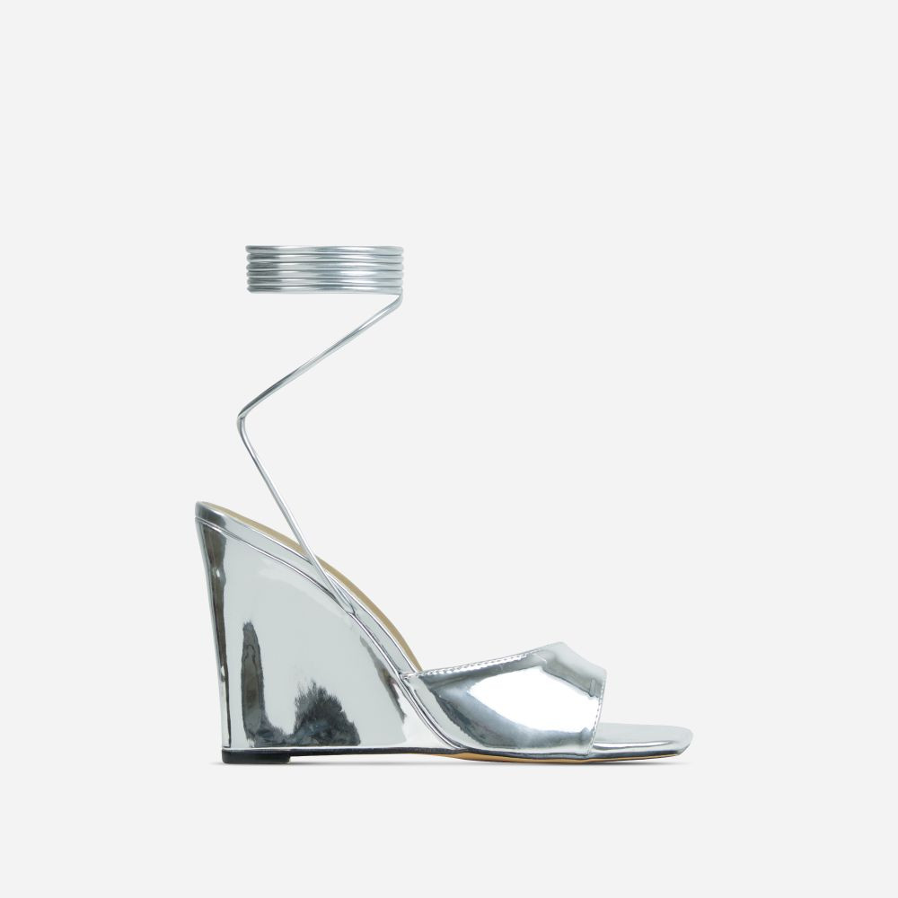 Anthems Lace Up Square Peep Toe Wedge Heel In Silver Metallic Patent | EGO (UK)