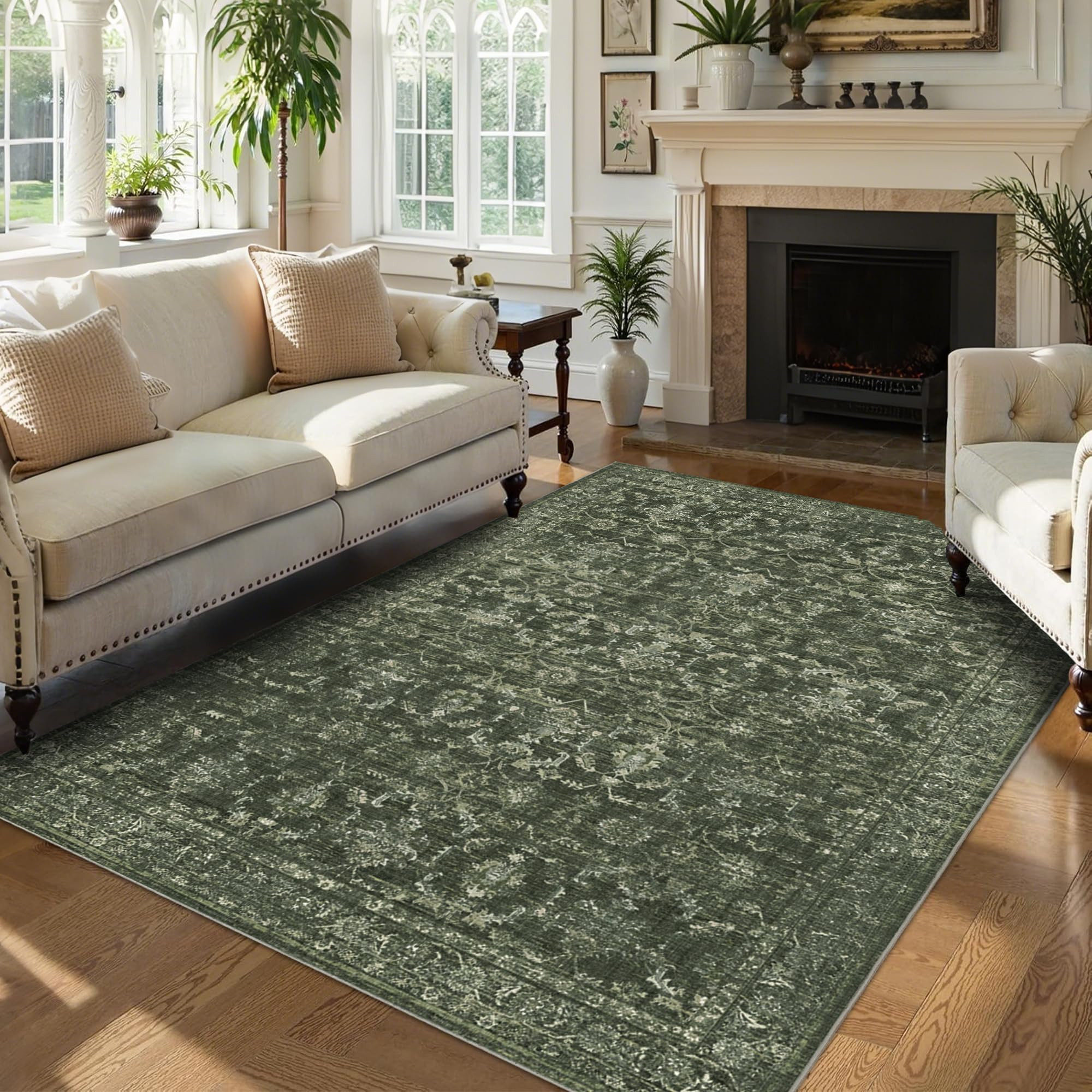 Washable Area Rug 5x7 Green Rugs for Living Room, Vintage Boho Large Rug for Bedroom Dining Room ... | Amazon (US)