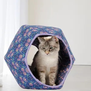 Mystical Lotus Flower Cat Cave the Cat Ball in Blue and Pink Floral Fabrics With Hidden Oracle Ey... | Etsy (US)