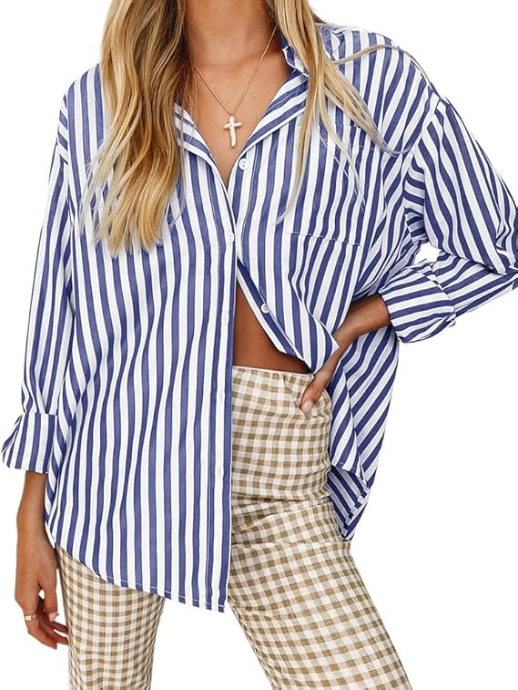 Women's Blouses Striped Long Sleeve Shirts Button Down Loose Fit Casual Tops | Amazon (US)