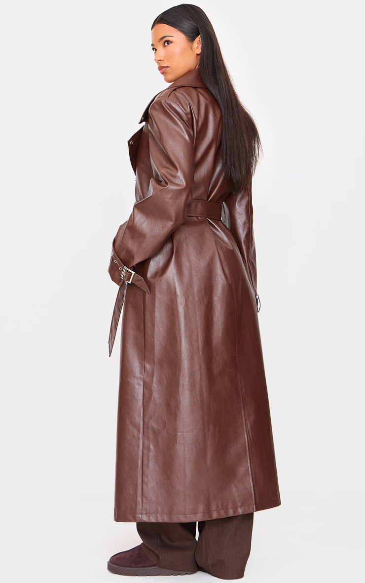 Brown Faux Leather Belted Trench Coat | PrettyLittleThing UK