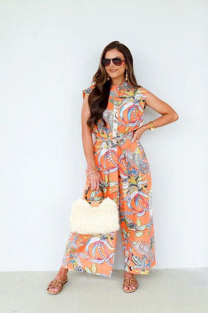 Tropical Jungle Coral Sleeveless Jumpsuit | The Willow Tree