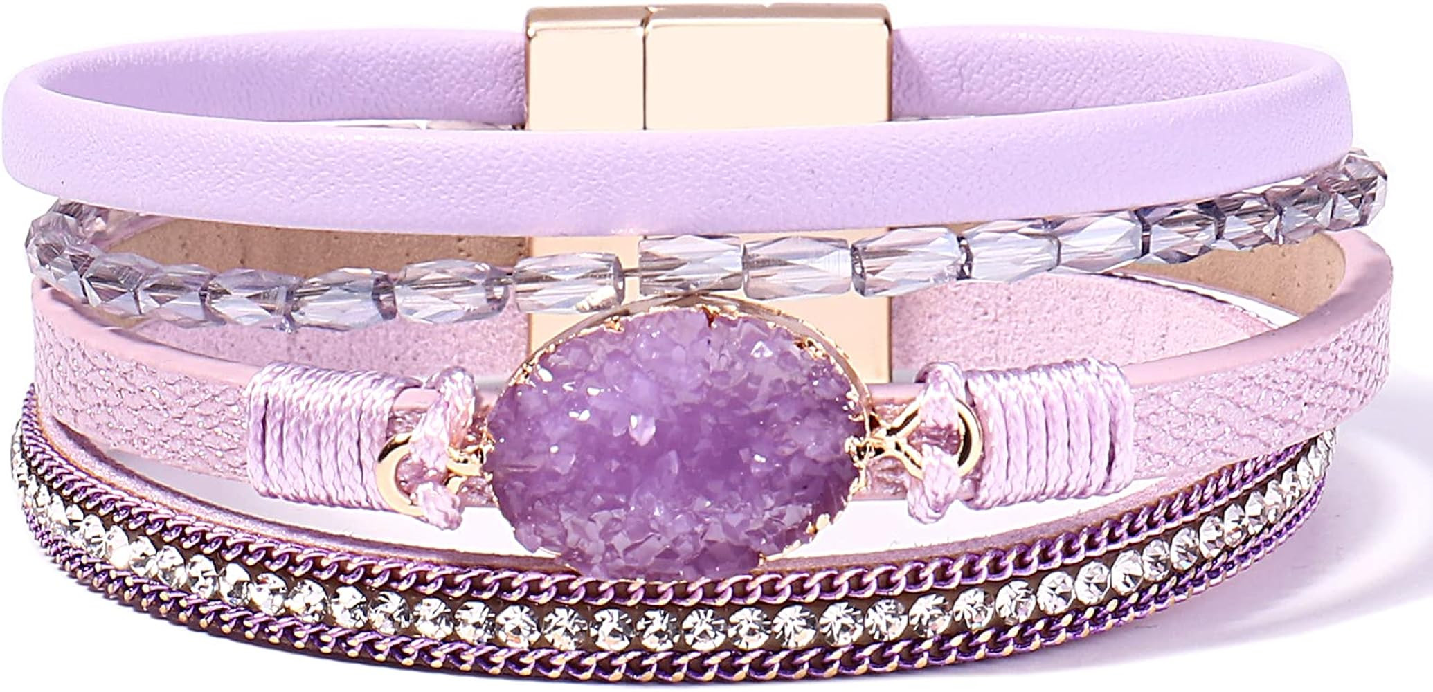 FANCY SHINY Leather Wrap Bracelet Boho Cuff Bracelets Crystal Bead Bracelet with Magnetic Clasp J... | Amazon (US)