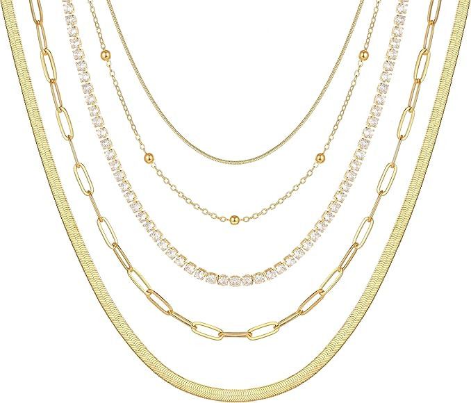 ÌF ME 5 Pcs Gold Layered Necklace Set for Women, 14k Real Gold Plated Dainty Trendy Chain Choker... | Amazon (US)