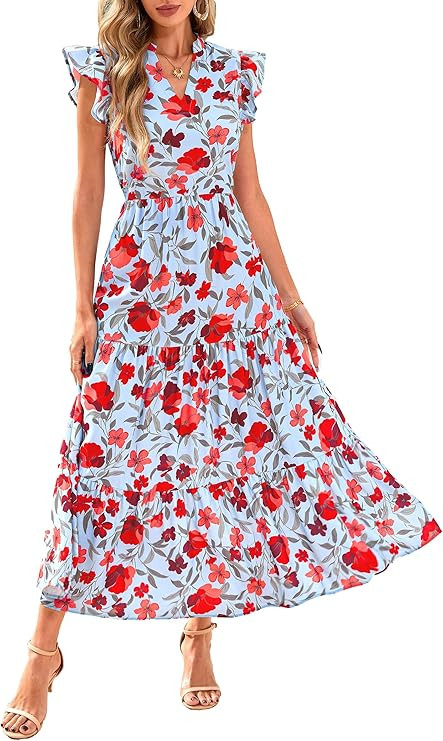 PRETTYGARDEN Women's 2026 Summer Floral Midi Dress Cap Sleeve V Neck Ruffle Long Flowy Boho Casua... | Amazon (US)