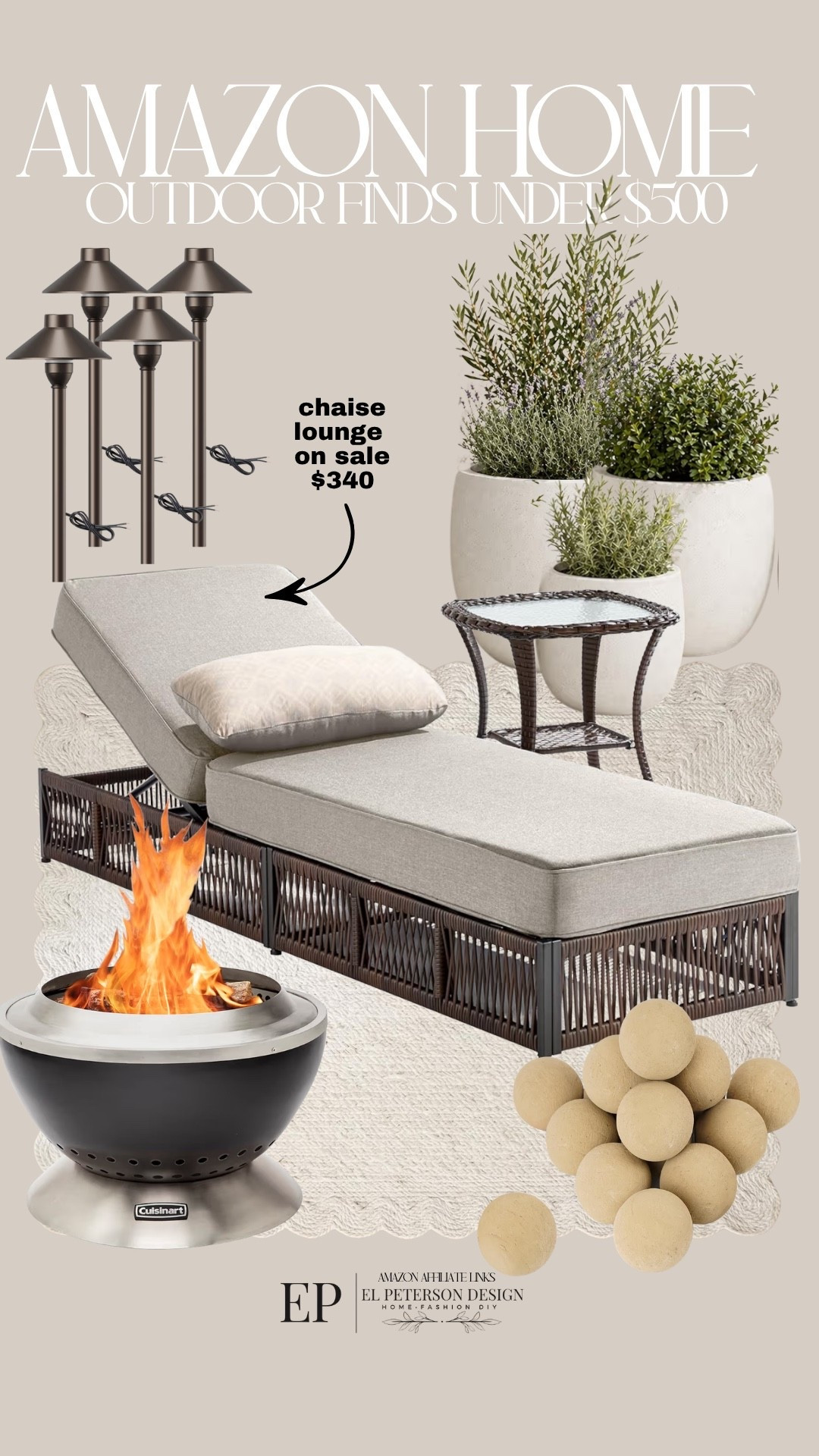 Amazon
Chaise lounge chair
Planters
Rug
Fire pit
Outdoor lights

#LTKHome