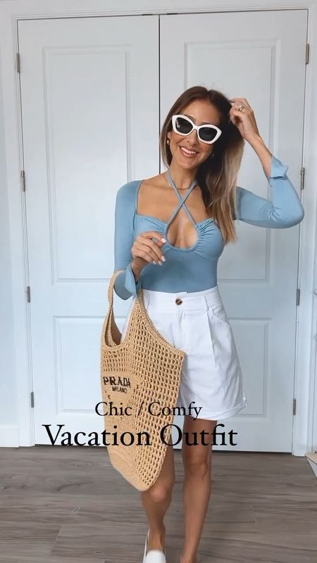 Loving this chic and comfortable vacation outfit. I’m love with the white shorts and the blue bodysuit. The perfect combo for a resort style. Everything fits true to size, I am wearing a size small on all of them.

#LTKshoecrush #LTKstyletip #LTKitbag