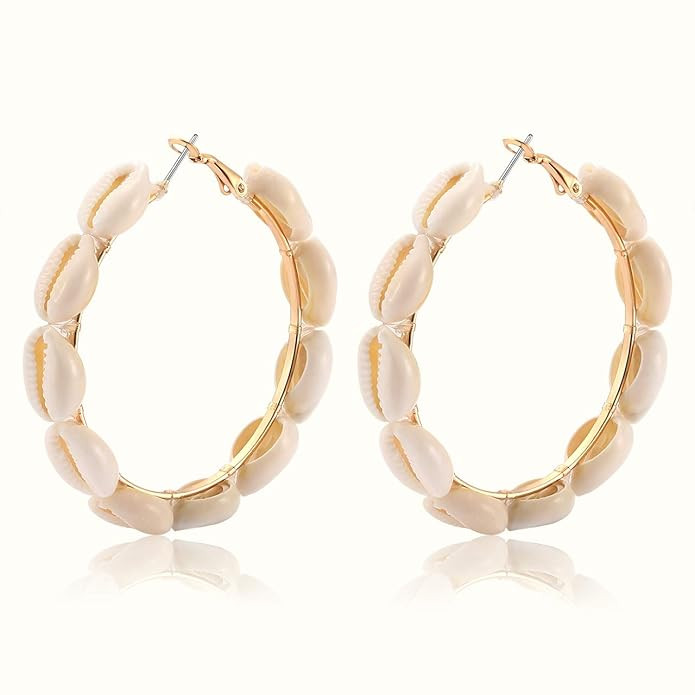 Hoop Earrings For Women Natural Cowrie Shell Beads Hoop Earrings Statement Stud Drop Earrings Boh... | Amazon (US)