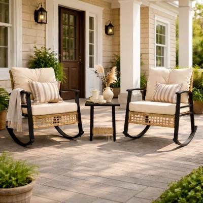 Outdoor Conversation Set for 2, Patio Rocking Chairs with 3.5 Inch Cushions, Removable Covers, 2-Tier Table and Comfortable Porch Seating | Wayfair North America