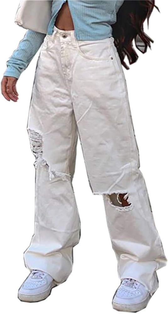 Women's Ripped Boyfriend Jeans Cute Ripped Distressed High Rise Straight Leg Loose Baggy Denim Pa... | Amazon (US)