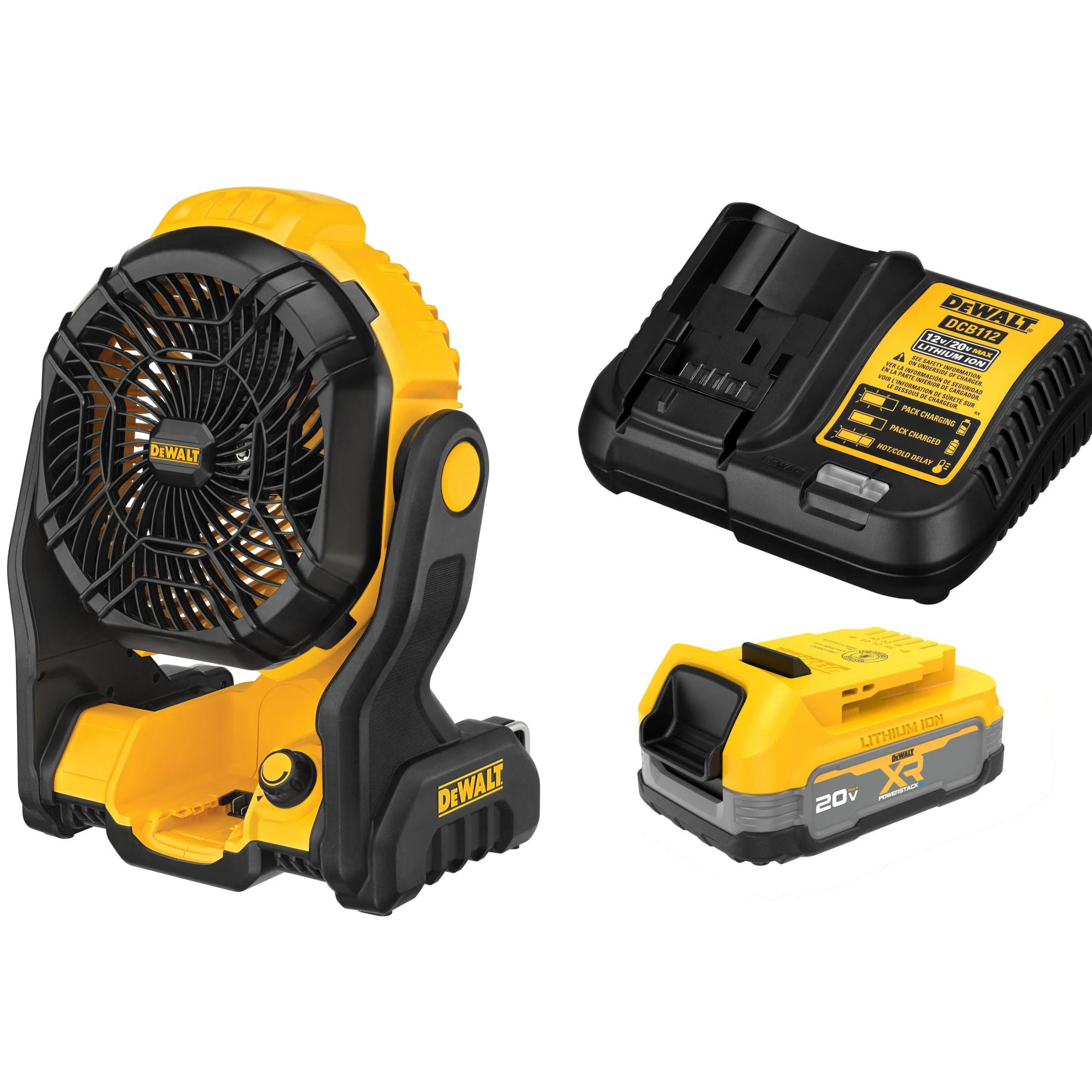 DEWALT 20V 8-in Yellow Jobsite Fan & XR POWERSTACK 20V 1.7 Ah Battery & Charger | Lowe's