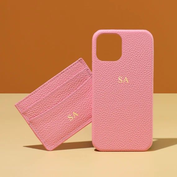 Personalised Pink Pebble Leather Phone Case & Card Holder Set - Etsy | Etsy (US)