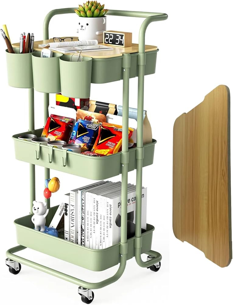3 Tier Rolling Cart with Metal Handle, Table Top, Hanging Cups, Hooks, Plastic Storage Baskets& W... | Amazon (US)