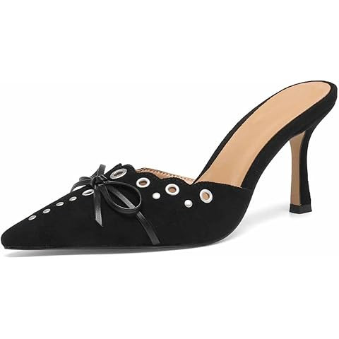 DOEYG Women Pointed Toe Bow Heels Mules Slip on Stiletto Heels Sandals Dress Party Wedding Studde... | Amazon (US)