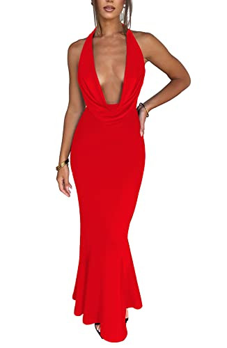 LuFeng Women's Sexy Sleeveless Summer Dress Backless Deep V Neck Halter Bodycon Maxi Party Dress Red | Amazon (US)