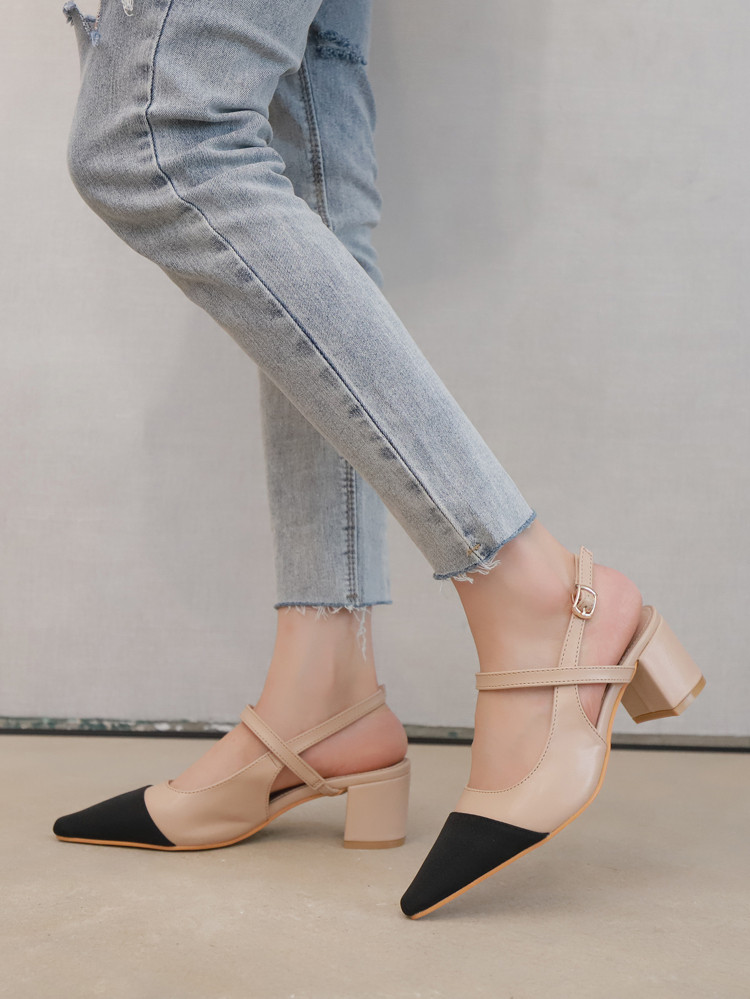 Cap Toe Chunky Heeled Slingback Pumps | SHEIN