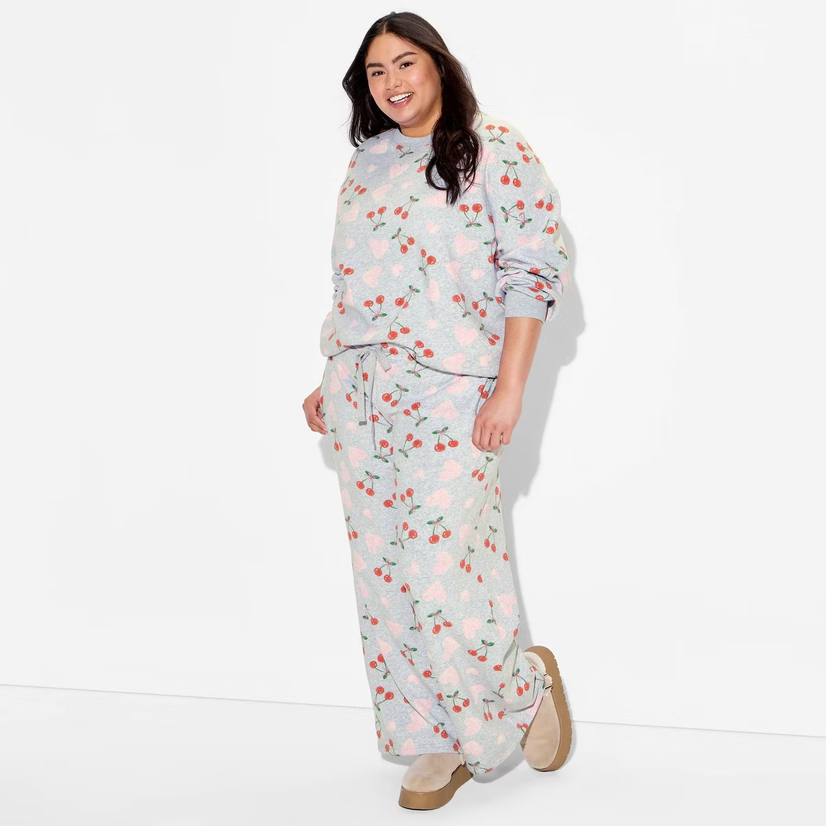 Women's Cherry Heart Fleece Graphic Pullover Sweatshirt - Heather Gray | Target