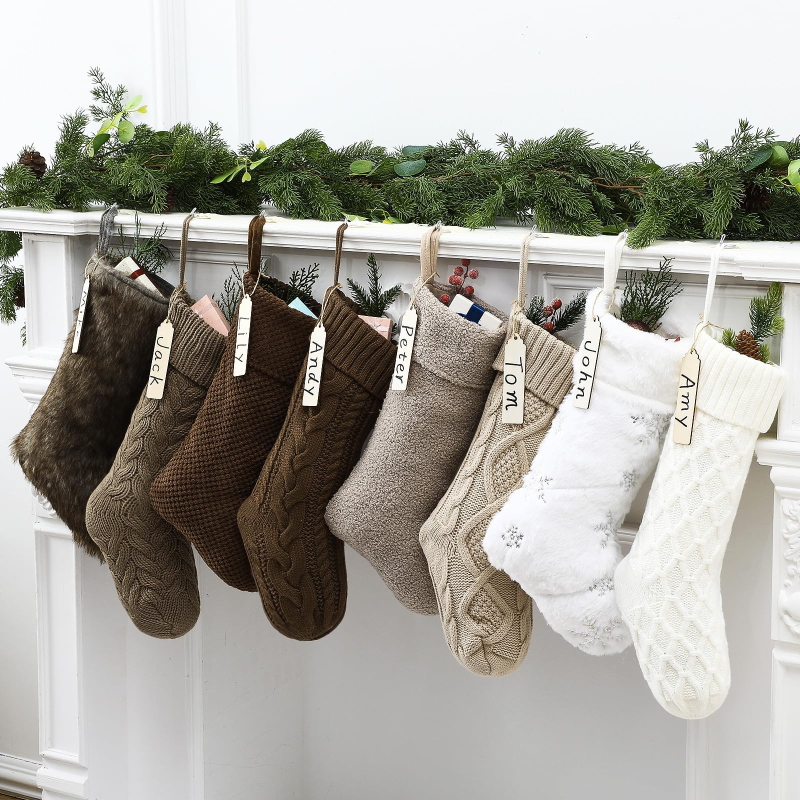 8 Pcs Neutral Christmas Stockings Set, 20'' Farmhouse Plush Faux Fur & 18'' Earth Tones Brown Cab... | Amazon (US)