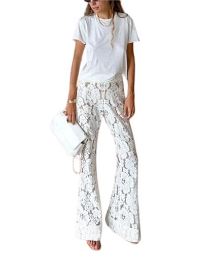 CUTEGAL Lace Pants White Flare Pants Y2K Pants Women's High Waist Lace Flower Hollow Flare Pants Casual Pants Summer (White,L,Large) | Amazon (US)