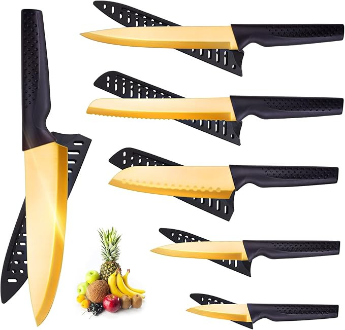 Knives Set for Kitchen,Thin-bladed Kitchen Knives, 6Pcs Titanium Coated Golden High Carbon Steel ... | Amazon (US)