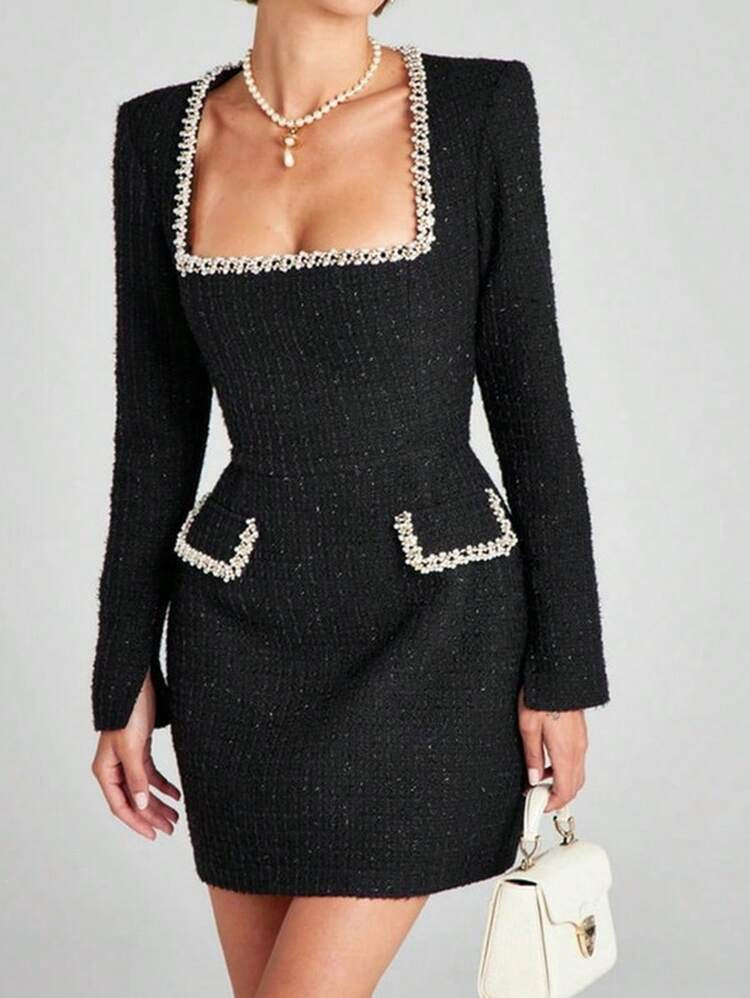 Elegant Tweed Mini Dress – Square Neck, Long Sleeves, Pearl Trim, Pocket Detail – Sophisticat... | SHEIN