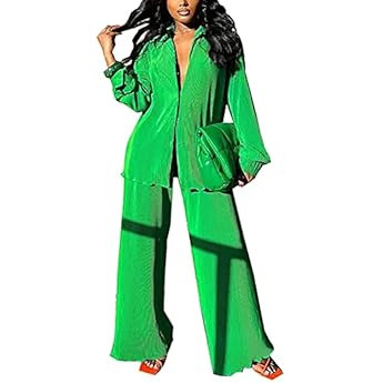 Aotasely Women Suits 2 Piece Casual Outfits Long Sleeve Button Down Shirt High Waist Pleated Wide... | Amazon (US)