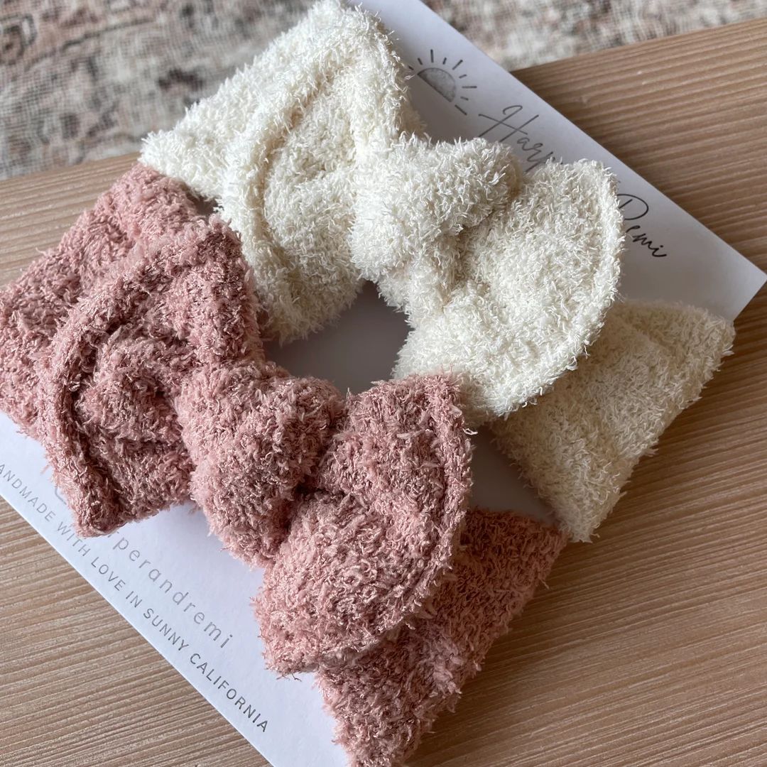 Teddy Bear Top Knot Bow Headband neutral Cream, Dusty Rose, Newborn / Baby - Etsy | Etsy (US)