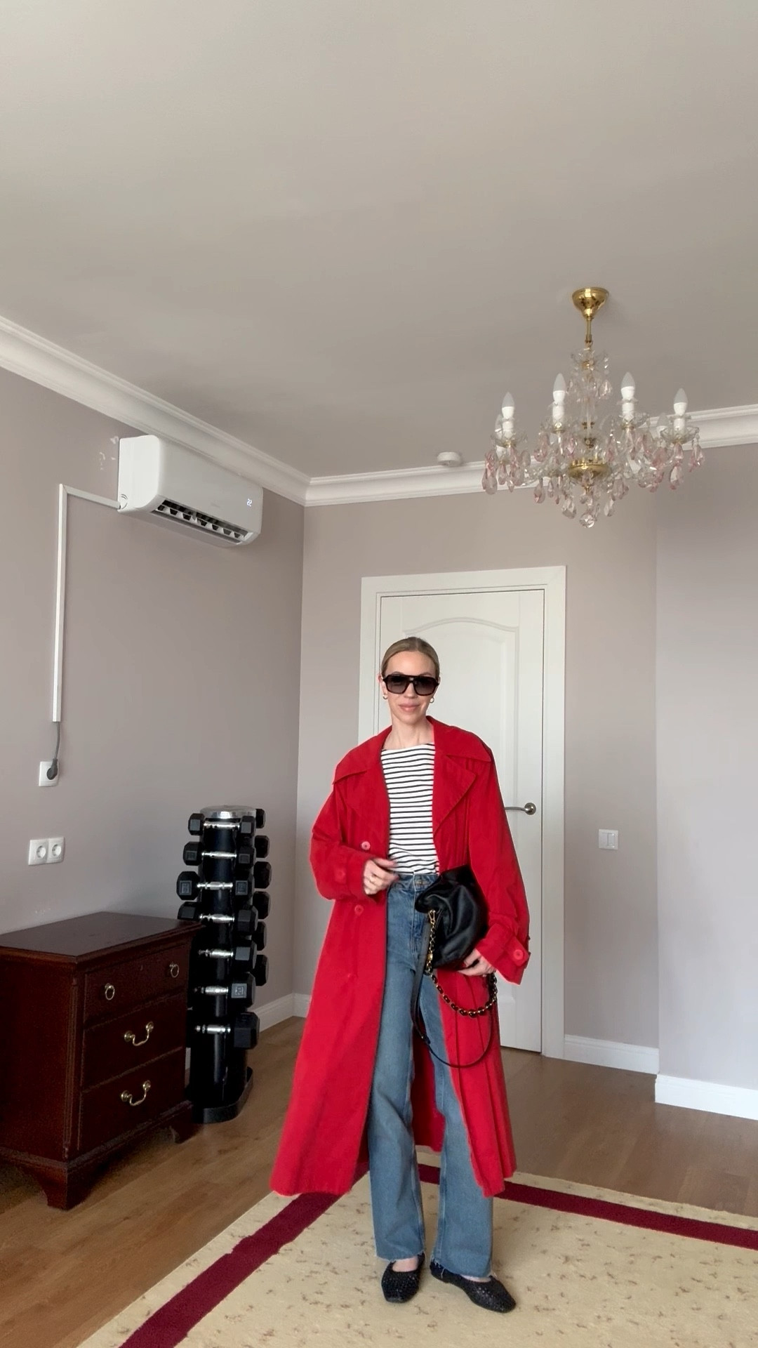 Spring outfit, red trench coat, striped top, @Zara straight leg jeans, Mary Jane ballet flats, Loewe Flamenco pouch handbag 

#LTKSeasonal #LTKWorkwear #LTKOver40