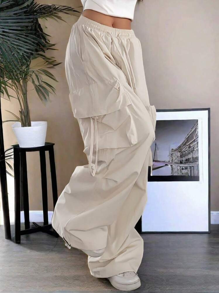 Street High Waist Flap Pocket Drawstring Waist Elastic Hem Ruched Casual Wear Wide Leg Parachute Cargo Pants | SHEIN