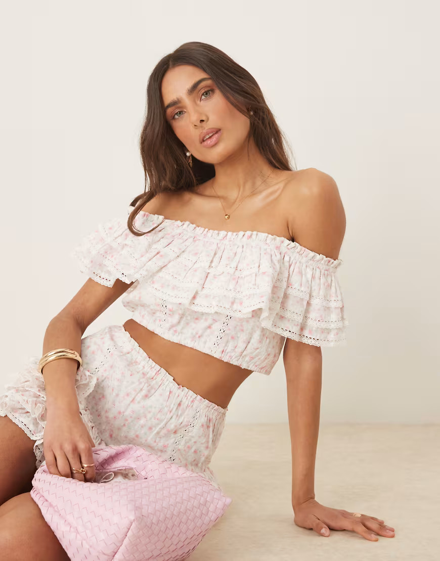 Amy Jane London Gaia frill off shoulder crop top in pink ditsy - part of a set-Multi | ASOS (Global)