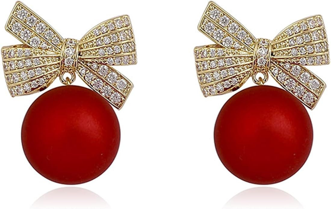 Christmas Earrings for Women Christmas Bow Earrings Xmas Earrings Red Ball Pearl Bow Earrings Chr... | Amazon (US)