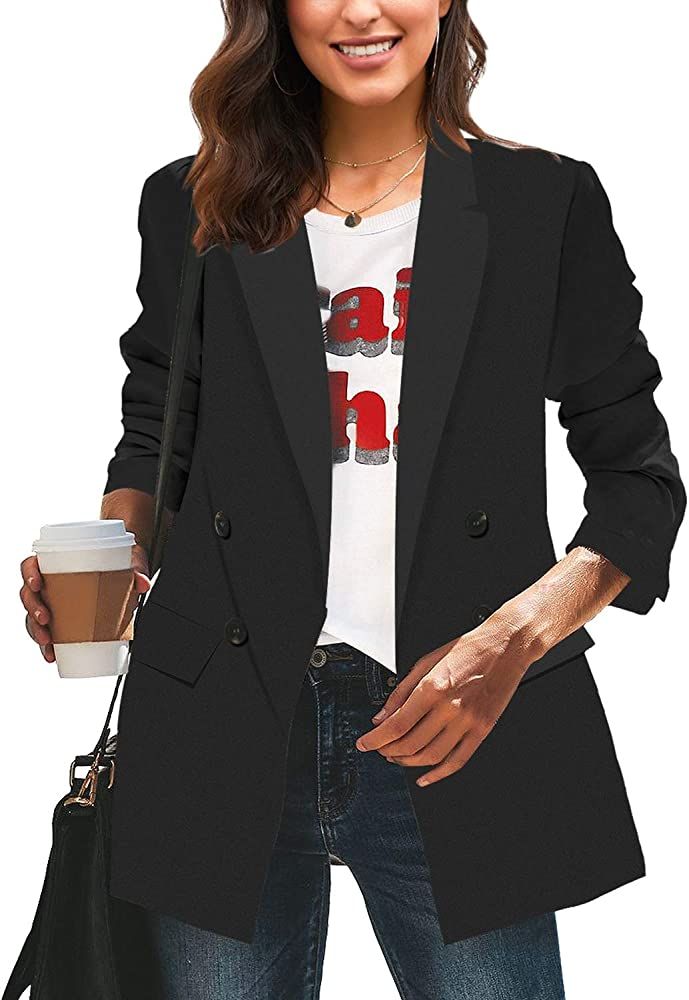LookbookStore Women Casual Brown Loose Long Blazers for Women Buttons Work Office Blazer Jacket S... | Amazon (US)