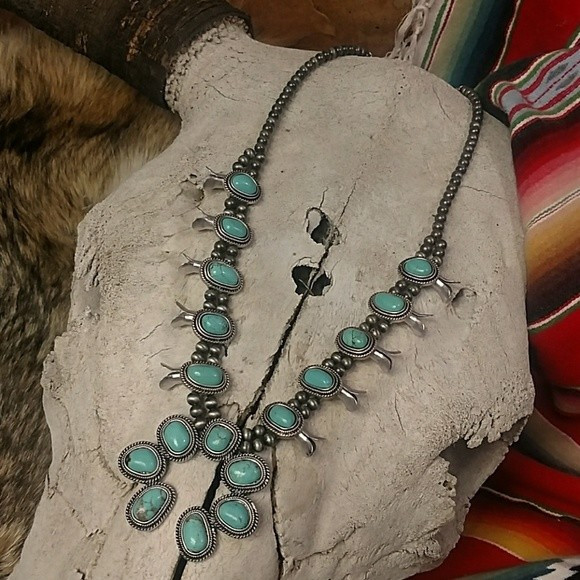 Natural Turquoise Squash Blossom Necklace Southwest Western Boho Bohemian | eBay | eBay US