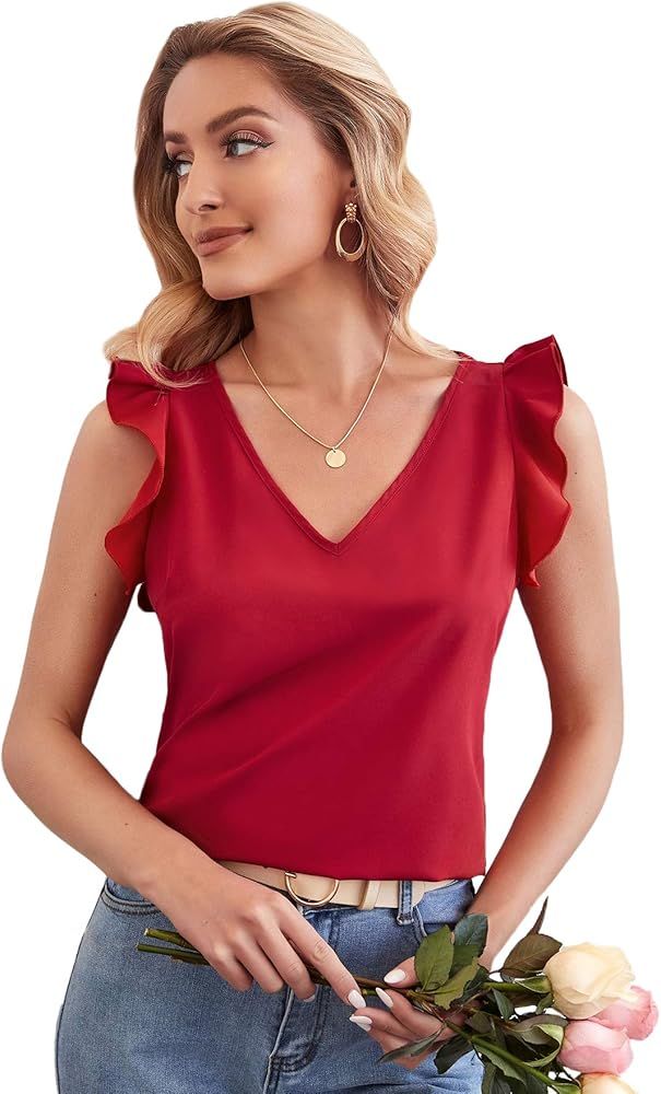 Milumia Women's Elegant V Neck Ruffle Trim Sleeveless Blouse Solid Work Office Top | Amazon (US)