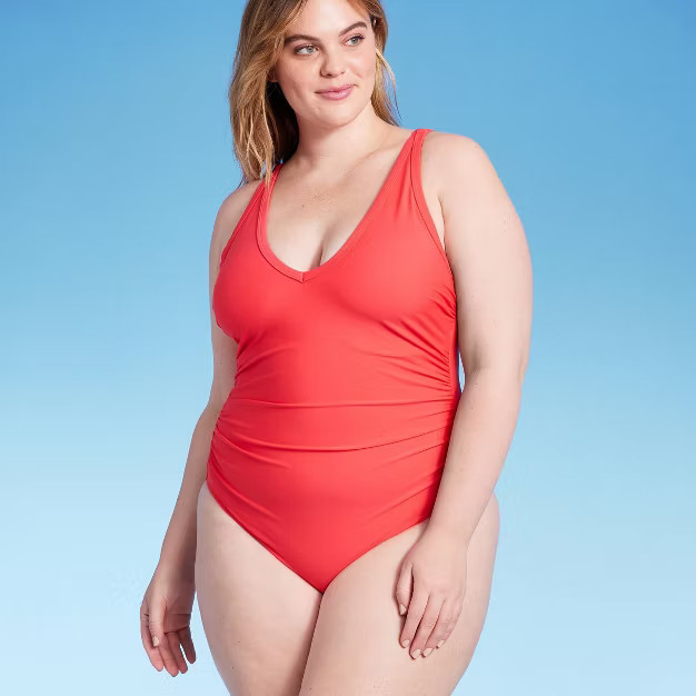 Women's V-Neck Over the Shoulder High Leg One Piece Swimsuit - Kona Sol™ Red | Target
