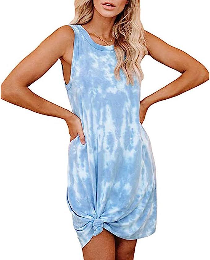Women’s Casual Tie Dye Short Dress Crew Neck Sleeveless Loose T Shirt Mini Dress | Amazon (US)
