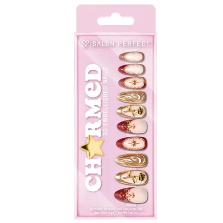 Salon Perfect Artificial Fake Press On Nails 417 Charmed Gold Rose Medium Almond File Glue and Prep Pad Included 30 Nails | Walmart (US)