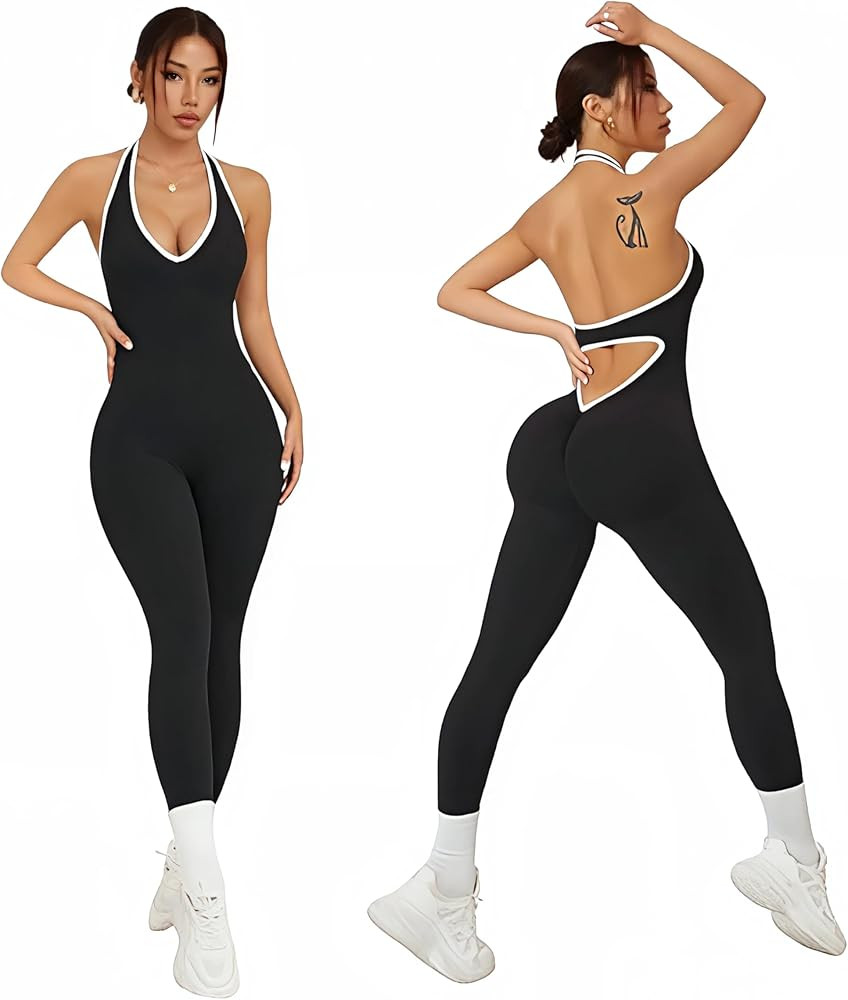 Women’s Halter One-Piece Yoga Bodysuit, Open Back Workout Jumpsuit for Gym, Fitness, Pilates, D... | Amazon (US)