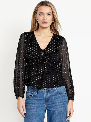 Waist-Defined Ruffle-Trim Clip-Dot Top | Old Navy (US)