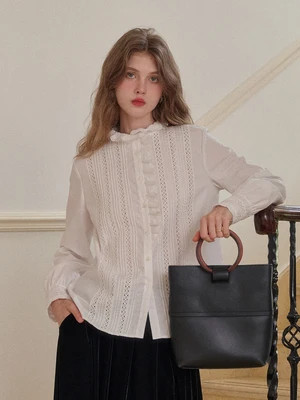 Journi Ruffle Collar Hollow 100% Cotton Blouse | Simple Retro