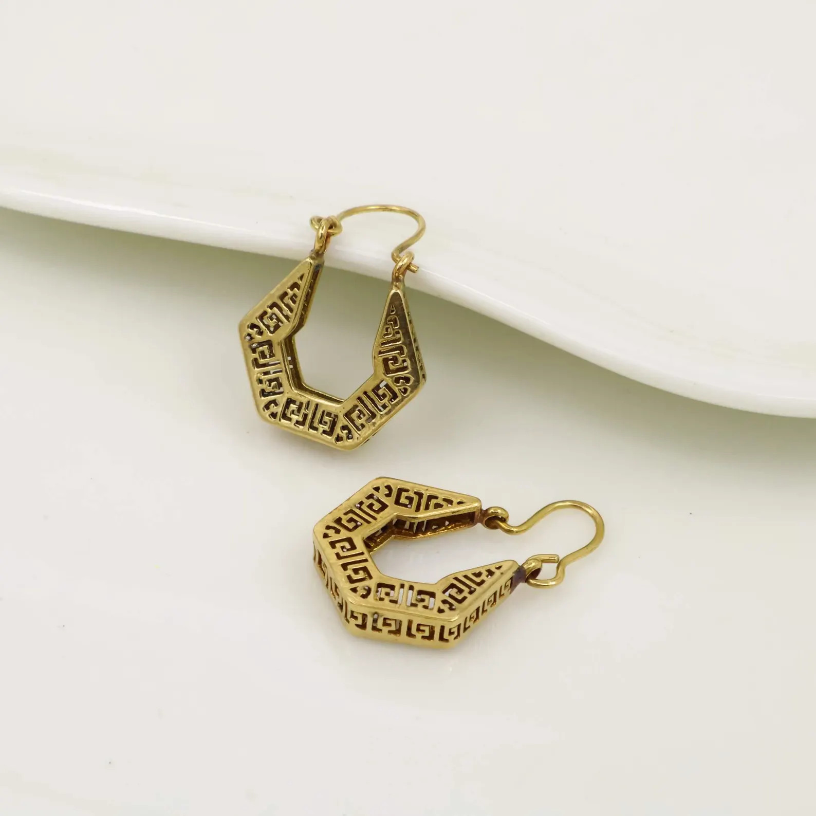 Gold Geometric Hoop Earrings, Greek Key Pattern Dangle Earrings, Boho Minimalist Jewelry, Stateme... | Etsy (Global)