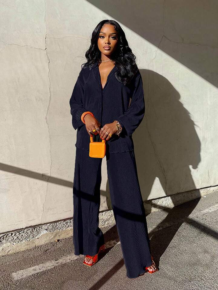 Solid Button Front Shirt & Wide Leg Pants | SHEIN