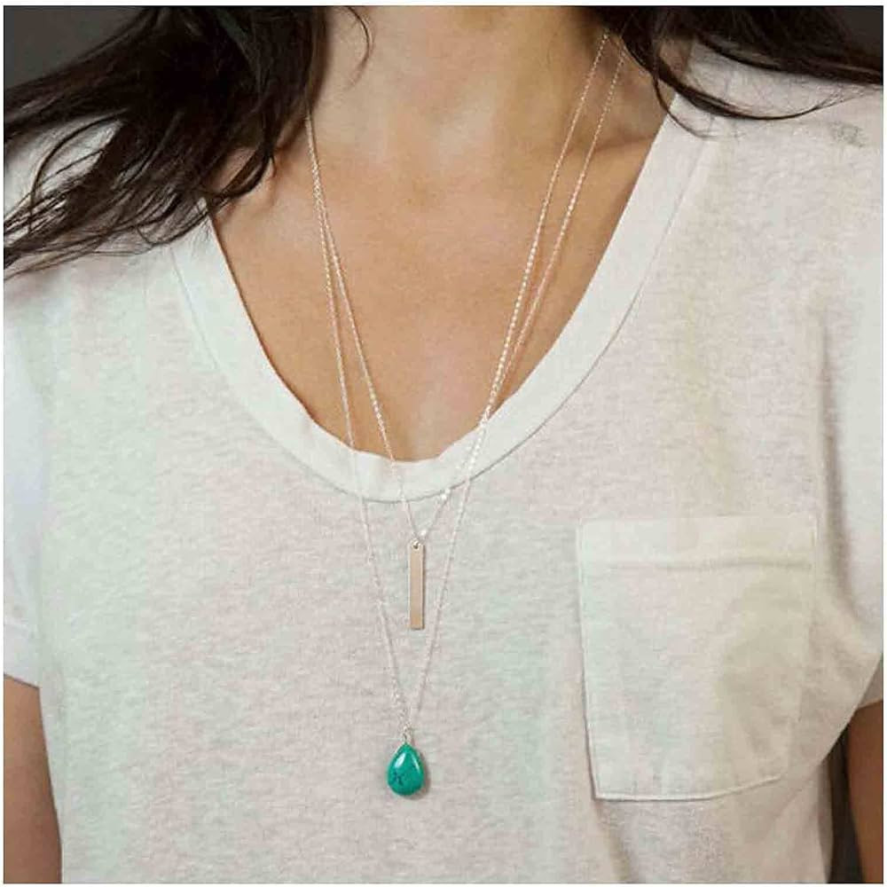 Yheakne Boho Layered Bar Necklace Chain Silver Turquoise Pendant Necklace Long Lariat Necklaces V... | Amazon (US)