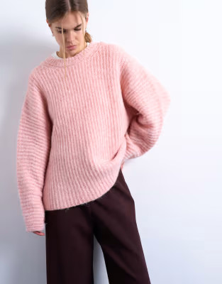 Topshop knitted ribbed balloon sleeve jumper in pink | ASOS (Global)