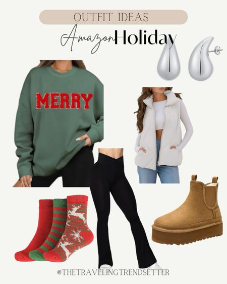 Amazon holiday, Krys is outfit, idea, casual Christmas, lounging outfit, leisure wear, yoga, pants, platform, mugs, puffer vest, ski outfit, travel, socks, last-minute Christmas outfit, last-minute Christmas gift earrings, Mary sweatshirt

#LTKSeasonal #LTKHoliday #LTKstyletip