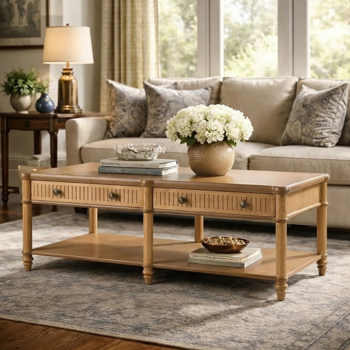 Hoai Derk Transitional 47"W Spindle Fluted Rectangular Storage Coffee Table with Solid Wood Drawe... | Wayfair North America