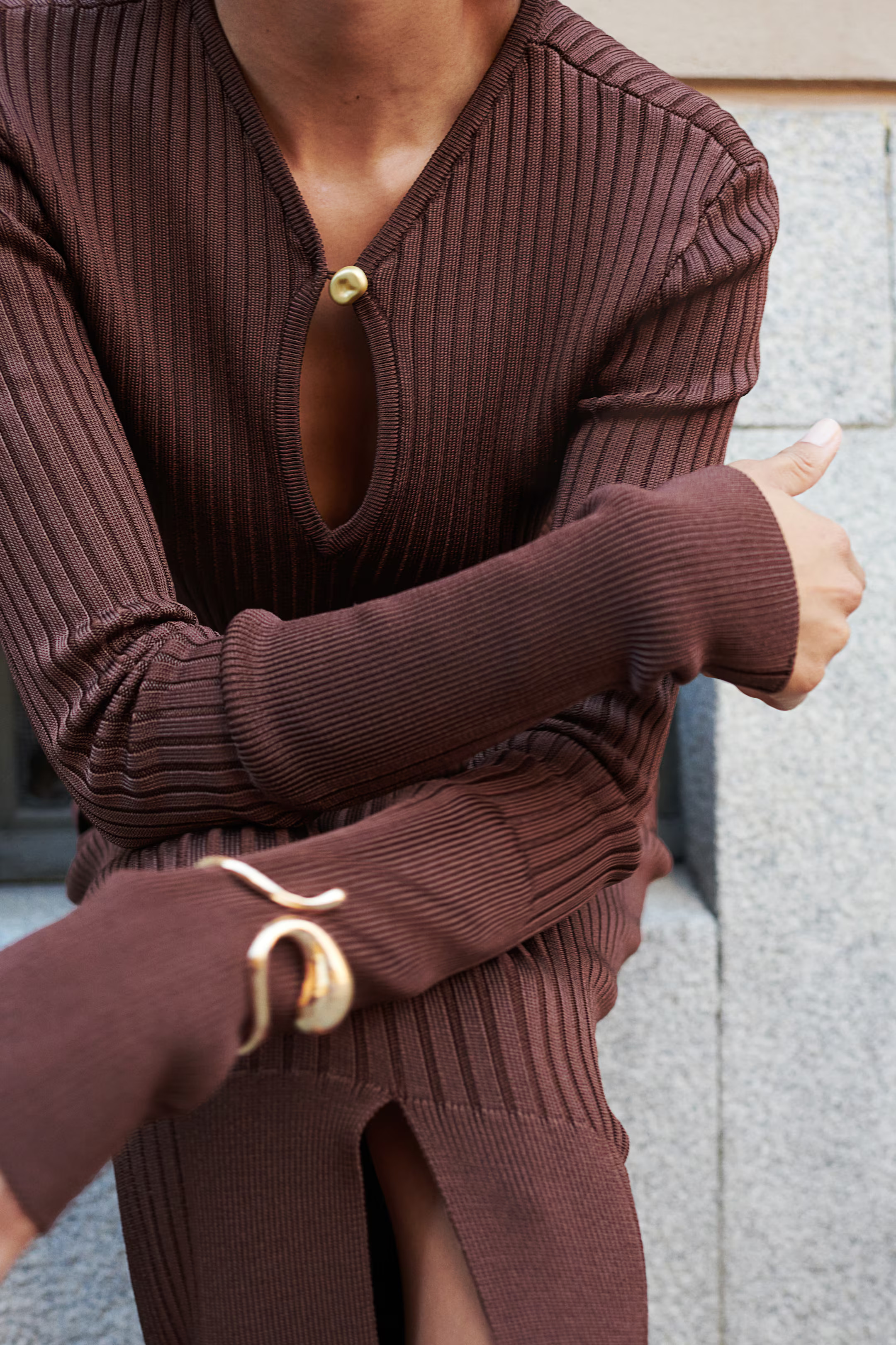 Rib-knit pencil skirt - High waist - Long - Dark brown - Ladies | H&M GB | H&M (UK, MY, IN, SG, PH, TW, HK)