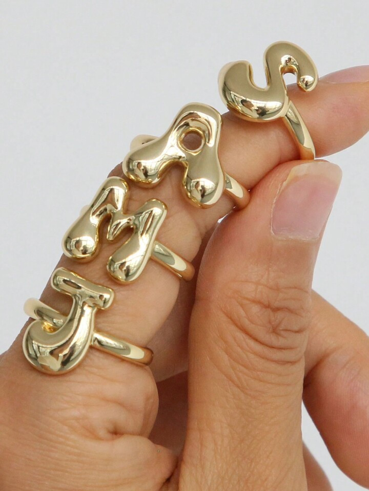 Bubble Cute 26 Letters Ring For Women Balloon Gold Plated Zirconia A-Z Letters Open Adjustable Ri... | SHEIN