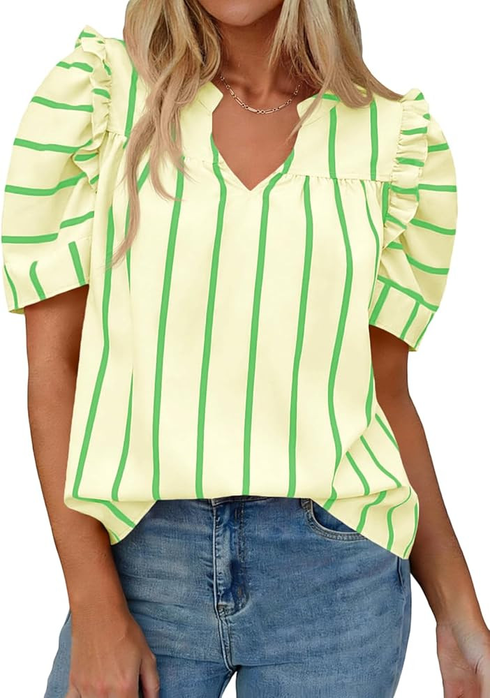 Tankaneo Womens Puff Sleeve Striped Blouses Dressy Casual V Neck Shirts Summer Trendy Loose Fit T... | Amazon (US)